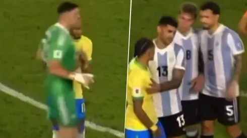 Dibu Martínez fue a buscar a Raphinha al término del primer tiempo del Argentina vs. Brasil en el Estadio Monumental.