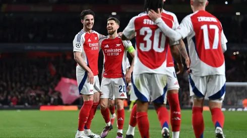 LONDON, ENGLAND – MARCH 12: Declan Rice of Arsenal celebrates scoring his team's second goal with teammate Jorginho and teammates during the UEFA Champions League 2024/25 Round of 16 Second Leg match between Arsenal FC and PSV at Arsenal Stadium on March 12, 2025 in London, England. (Photo by Justin Setterfield/Getty Images)