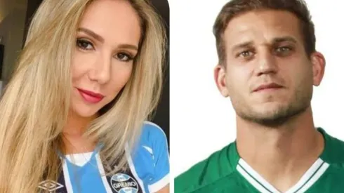 Rafael Moura cutuca Carol Portaluppi antes de Grêmio x Goiás
