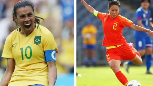 As jogadoras Marta, do Brasil, e Wu Haiyan, da seleção chinesa. (Foto: Getty Images)
