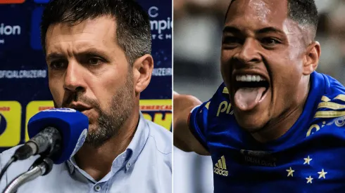 Fotos: Gustavo Aleixo/Cruzeiro/Divulgação – Pezzolano e Vitor Roque: técnico lamentou a saída do atacante
