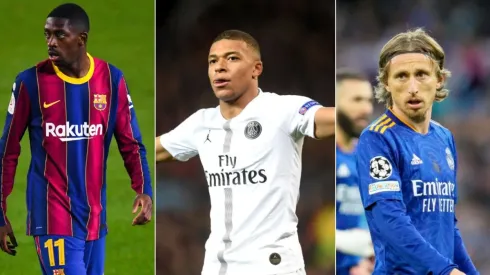 Foto: Jean Catuffe/Getty Images; David Ramos/Getty Images - Mbappe pelo PSG, Dembele pelo Barcelona e Modric pelo Real Madrid