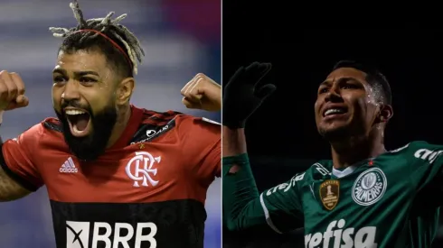 Foto: Gabriel Machado/AGIF; Juan Mabromata – Pool/Getty Images – Gabigol do Flamengo e Rony do Palmeiras