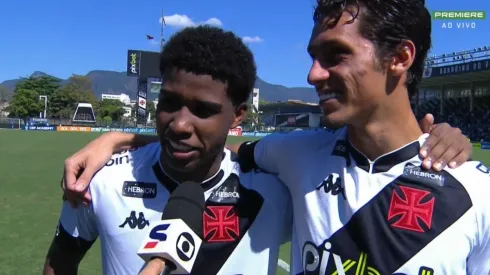 Foto: Reprodução Premiere | Andrey Santos e Marlon Gomes abraçados durante entrevista