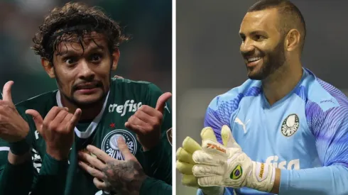 Montagem: fotos de Cesar Greco/Ag. Palmeiras – Scarpa "armou" zoeira no vestiário do Palmeiras e até Weverton caiu na gargalhada
