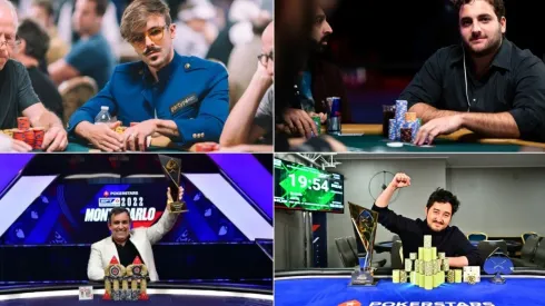 Yuri Martins, João Simão, Marcelo Mesqueu e Rodrigo Seiji, qual brasileiro teve o melhor resultado em 2022 no poker? (Fotos: Hayley Hochstetler, Danny Maxwell e Tomas Stacha/WSOP e PokerSars)
