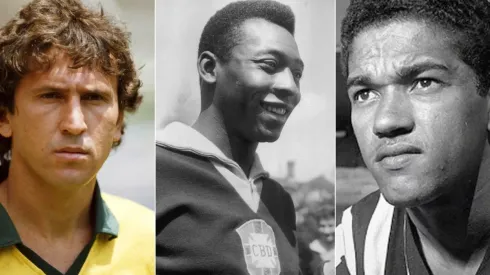 Fotos: Mike King/Keystone/Getty Images; Botaofogo/Divulgação – Zico, Pelé e Garrincha
