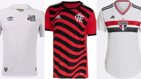 Foto: Divulgação/Santos, Flamengo e São Paulo – Camisas oficiais dos clubes
