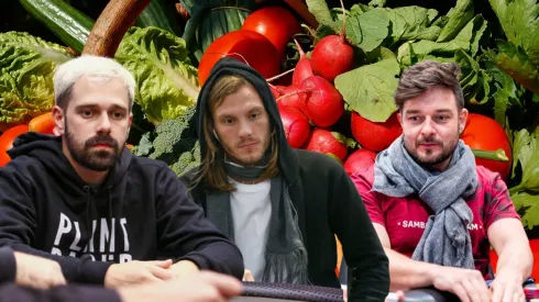 Felipe Boianovsky, Alisson Piekazewicz e Fabiano Kovalski (direita para esquera) são jogadores de poker e veganos (Fotos: Montagem com fundo de Reprodução/Pixabay, Divulgação/BSOP, Seth Hausler/PokerNews)
