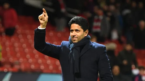 MANCHESTER, ENGLAND – FEBRUARY 12: Nasser Al-Khelaifi, President of PSG waves to fans during the UEFA Champions League Round of 16 First Leg match between Manchester United and Paris Saint-Germain at Old Trafford on February 12, 2019 in Manchester, England. (Photo by Michael Regan/Getty Images)
