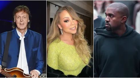 Paul McCartney (Mike Coppola/Getty Images) Mariah Carey (Reprodução Instagram @mariahcarey) Kanye West (Theo Wargo/Getty Images for adidas)

