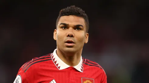 MANCHESTER, ENGLAND – MAY 25:  Casemiro of Manchester United during the Premier League match between Manchester United and Chelsea FC at Old Trafford on May 25, 2023 in Manchester, England. (Photo by Naomi Baker/Getty Images)
