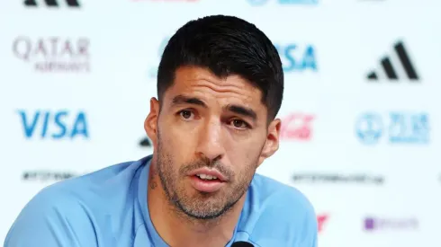 DOHA, QATAR - DECEMBER 01: Luis Suarez of Uruguay speaks during the Uruguay Press Conference at the Main Media Center on December 01, 2022 in Doha, Qatar. (Photo by Mohamed Farag/Getty Images)
