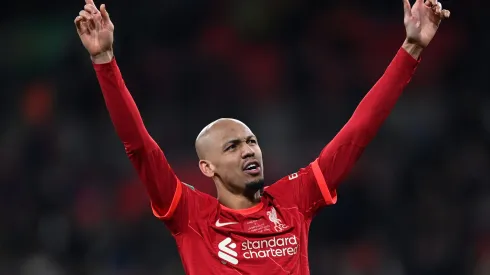 LONDON, ENGLAND – FEBRUARY 27: Fabinho of Liverpool celebrates following their team's victory in the penalty shoot out during the Carabao Cup Final match between Chelsea and Liverpool at Wembley Stadium on February 27, 2022 in London, England. (Photo by Shaun Botterill/Getty Images)
