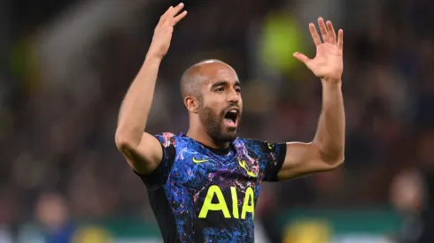 BURNLEY, ENGLAND - OCTOBER 27: Spurs player Lucas Moura celebrates his winning goal during the Carabao Cup Round of 16 match between Burnley and Tottenham Hotspur at Turf Moor on October 27, 2021 in Burnley, England. (Photo by Stu Forster/Getty Images)