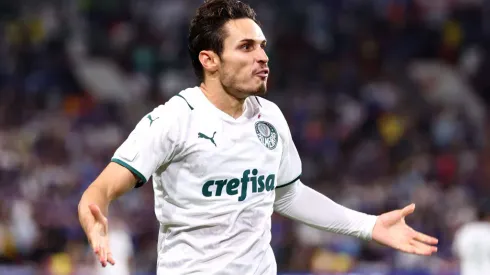 ABU DHABI, UNITED ARAB EMIRATES – FEBRUARY 12: Raphael Veiga of Palmeiras celebrates after scoring their team's first goal during the FIFA Club World Cup UAE 2021 Final match between Chelsea and Palmeiras at Mohammed Bin Zayed Stadium on February 12, 2022 in Abu Dhabi, United Arab Emirates. (Photo by Francois Nel/Getty Images)
