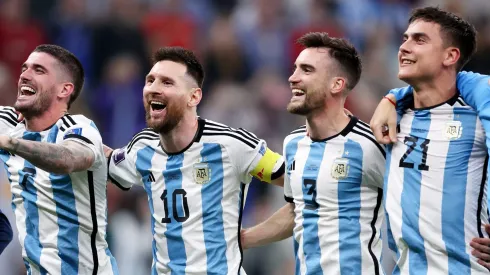 LUSAIL CITY, QATAR – DECEMBER 13: Rodrigo De Paul, Lionel Messi, Nicolas Tagliafico and Paulo Dybala of Argentina celebrate after the team's victory during the FIFA World Cup Qatar 2022 semi final match between Argentina and Croatia at Lusail Stadium on December 13, 2022 in Lusail City, Qatar. (Photo by Clive Brunskill/Getty Images)
