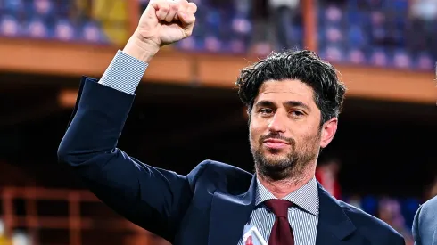 GENOA, ITALY – SEPTEMBER 25: Josh Wander (L) and Juan Arciniegas co-owners of Genoa greet the crowd before the Serie A match between Genoa CFC and Hellas Verona FC at Stadio Luigi Ferraris on September 25, 2021 in Genoa, Italy. (Photo by Getty Images)
