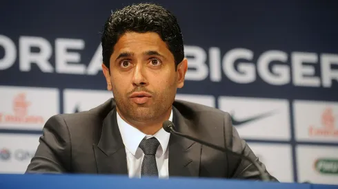 PARIS, FRANCE - JULY 16: Paris Saint-Germain's (PSG) chairman Nasser Al-Khelaifi speaks during a press conference on July 16, 2013 in Paris, France. Cavani's transfer to Paris Saint-Germain football club is reported to have cost in the region of £55m. (Photo by Antoine Antoniol/Getty Images)