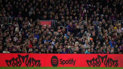 BARCELONA, SPAIN – MARCH 19: The logo of Spanish Singer-Songwriter, Rosalia is seen on the LED boards during the LaLiga Santander match between FC Barcelona and Real Madrid CF at Spotify Camp Nou on March 19, 2023 in Barcelona, Spain. (Photo by Alex Caparros/Getty Images)
