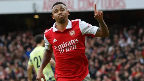 LONDON, ENGLAND – APRIL 01: Gabriel Jesus of Arsenal celebrates after scoring the team's first goal during the Premier League match between Arsenal FC and Leeds United at Emirates Stadium on April 01, 2023 in London, England. (Photo by Shaun Botterill/Getty Images)
