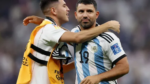 LUSAIL CITY, QATAR - DECEMBER 18: Sergio Aguero former Argentine player (R) hugs Exequiel Palacios of Argentina after winning the FIFA World Cup Qatar 2022 Final match between Argentina and France at Lusail Stadium on December 18, 2022 in Lusail City, Qatar. (Photo by Clive Brunskill/Getty Images)