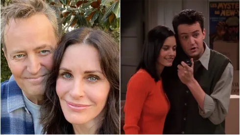 Foto 1: Matthew Perry e Courteney Cox em selfie Foto 2: Atores interpretando Monica e Chandler em Friends – Fotos: Instagram/Reprodução/Courteney Cox e Reprodução Warner Bros
