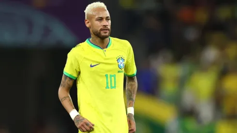 AL RAYYAN, QATAR – DECEMBER 09: Neymar of Brazil looks on during the FIFA World Cup Qatar 2022 quarter final match between Croatia and Brazil at Education City Stadium on December 09, 2022 in Al Rayyan, Qatar. (Photo by Lars Baron/Getty Images)
