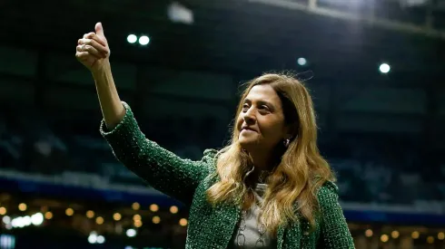 Leila Pereira comemorando no Allianz Parque. Foto: Ricardo Moreira/Getty Images.
