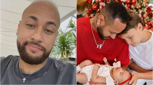 Foto 1: Print de um vídeo em que Neymar estava falando Foto 2: Neymar com os dois filhos no Natal – Fotos: Instagram/Neymar 
