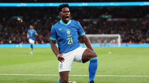 LONDON, ENGLAND – MARCH 23: Endrick of Brazil celebrates scoring the first goal during the international friendly match between England and Brazil at Wembley Stadium on March 23, 2024 in London, England. (Photo by Catherine Ivill/Getty Images)
