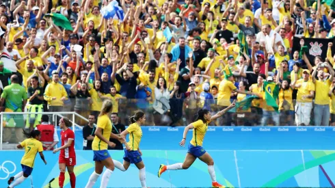 SAO PAULO, BRAZIL – AUGUST 19:  Beatriz of Brazil celebrates scoring during the Women's Olympic Football Bronze Medal match between Brazil and Canada at Arena Corinthians on August 19, 2016 in Sao Paulo, Brazil.  (Photo by Alexandre Schneider/Getty Images)
