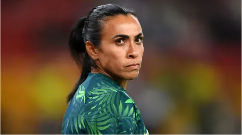 Marta durante aquecimento do jogo do Brasil – Foto: Justin Setterfield/Getty Images
