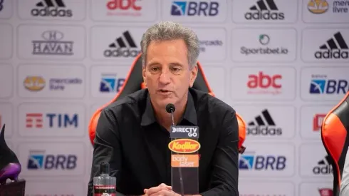Foto: Alexandre Vidal/Flamengo - Rodolfo Landim em entrevista coletiva no Ninho do Urubu