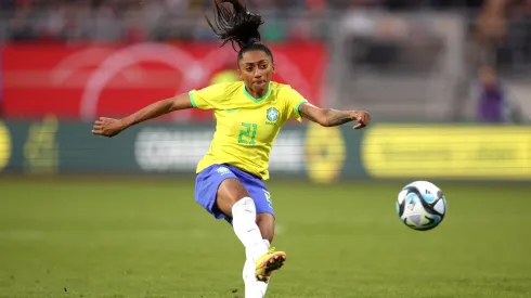 NUREMBERG, GERMANY – APRIL 11: Kerolin Ferraz of Brazil takes a shot during the Women's international friendly between Germany and Brazil at Max-Morlock-Stadion on April 11, 2023 in Nuremberg, Germany. (Photo by Adam Pretty/Getty Images)
