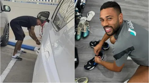 Neymar furando pneu e Renan Lodi dando nó na chuteira do craque – Fotos: Instagram/Neymar 
