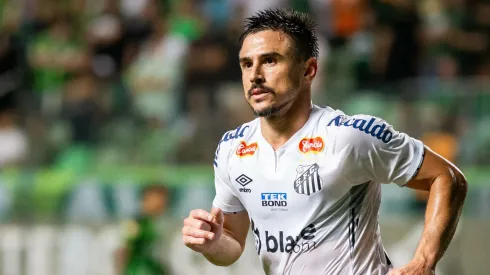 El jugador del Santos Willian Do Bigodi celebra su gol durante un partido contra el América MG en el Estadio Independencia, en el Campeonato Brasileño 2024 (Foto: Fernando Moreno/AGIF).