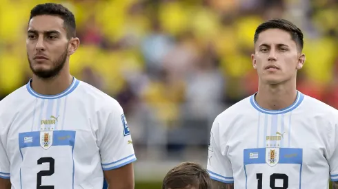 BARRANQUILLA, COLOMBIA – OCTOBER 12: Sebastian Caceres and Brian Rodriguez of Uruguay look on prior the FIFA World Cup 2026 Qualifier match between Colombia and Uruguay at Roberto Melendez Metropolitan Stadium on October 12, 2023 in Barranquilla, Colombia. (Photo by Gabriel Aponte/Getty Images)
