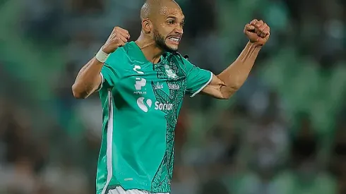 TORREON, MEXICO – MARCH 12: Matheus Doria of Santos celebrates after scoring the team´s third goal during the 11th round match between Santos Laguna and Tijuana as part of the Torneo Clausura 2023 Liga MX at Corona Stadium on March 12, 2023 in Torreon, Mexico. (Photo by Manuel Guadarrama/Getty Images)
