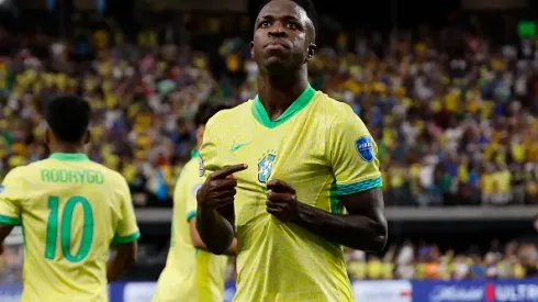 LAS VEGAS, NEVADA – JUNE 28: Vinicius Junior of Brazil celebrates after scoring the team's first goal during the CONMEBOL Copa America 2024 Group D match between Paraguay and Brazil at Allegiant Stadium on June 28, 2024 in Las Vegas, Nevada. (Photo by Kevork Djansezian/Getty Images)
