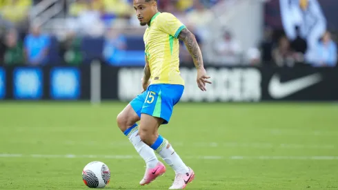 ORLANDO, FLORIDA – JUNE 12: João Gomes #15 of Brazil passes the ball against the United States during the Continental Clasico 2024 game at Camping World Stadium on June 12, 2024 in Orlando, Florida.  (Photo by Rich Storry/Getty Images)
