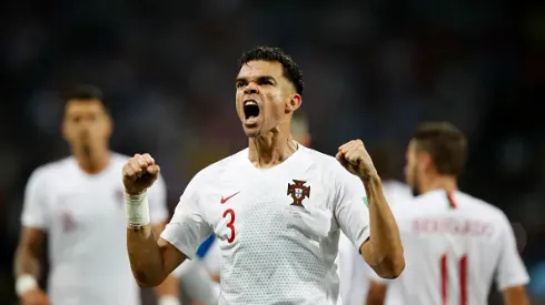 SOCHI, RUSSIA – JUNE 30:  Pepe of Portugal celebrates after scoring his team's first goal during the 2018 FIFA World Cup Russia Round of 16 match between Uruguay and Portugal at Fisht Stadium on June 30, 2018 in Sochi, Russia.  (Photo by Julian Finney/Getty Images)
