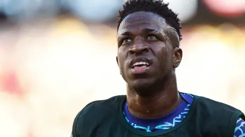 SANTA CLARA, CALIFORNIA – JULY 02: Vinicius Junior of Brazil warms up prior to the CONMEBOL Copa America 2024 Group D match between Brazil and Colombia at Levi's Stadium on July 02, 2024 in Santa Clara, California. (Photo by Lachlan Cunningham/Getty Images)
