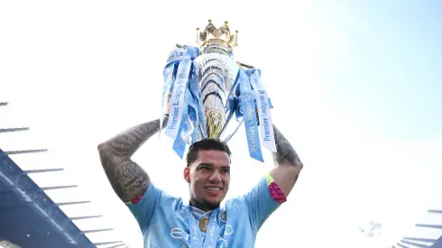 MANCHESTER, ENGLAND – MAY 19: Ederson of Manchester City. celebrates with the Premier League Trophy after their team's victory during the Premier League match between Manchester City and West Ham United at Etihad Stadium on May 19, 2024 in Manchester, England. (Photo by Justin Setterfield/Getty Images)
