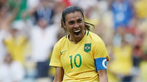 Marta comemora gol pela Seleção Brasileira Feminina . Foto: Buda Mendes/Getty Images
