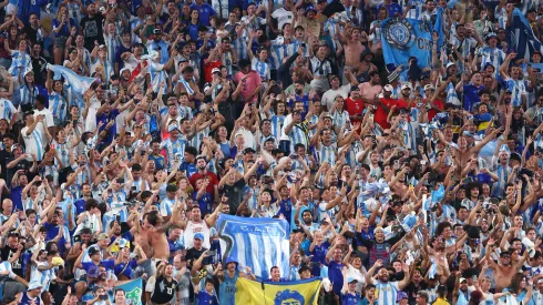 EAST RUTHERFORD, NEW JERSEY - JULY 09: Fans of Argentina cheer during the CONMEBOL Copa America 2024 semifinal match between Canada and Argentina at MetLife Stadium on July 09, 2024 in East Rutherford, New Jersey. (Photo by Maddie Meyer/Getty Images)