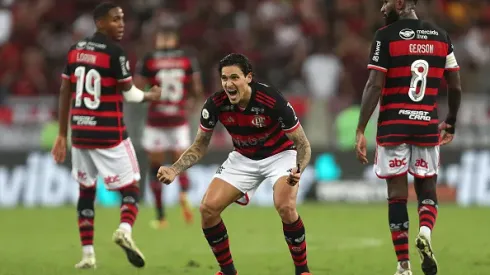 Pedro of Flamengo celebrates after scoring the first goal of his team during the match between Flamengo and Cuiaba 
