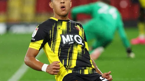 WATFORD, ENGLAND – SEPTEMBER 20: Matheus Martins of Watford celebrates after scoring the team's second goal during the Sky Bet Championship match between Watford and West Bromwich Albion at Vicarage Road on September 20, 2023 in Watford, England. (Photo by Richard Heathcote/Getty Images)
