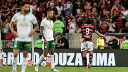 Pedro jogador do Flamengo comemora seu gol durante partida contra o Palmeiras no estadio Maracana pelo campeonato Brasileiro A 2024. 
