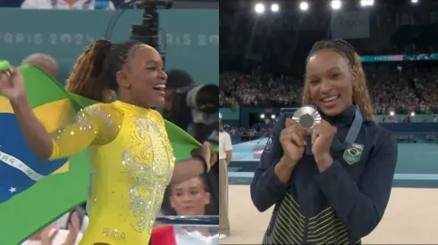 Rebeca Andrade celebrando a medalha de prata no individual da ginástica artística nas Olimpíadas 2024 – Foto: Globo
